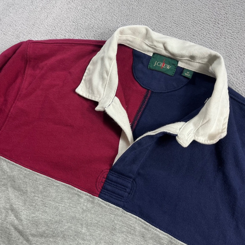 J.Crew Mens Colorblock Rugby Shirt Long Sleeve Elbow Patch Navy Burgundy M